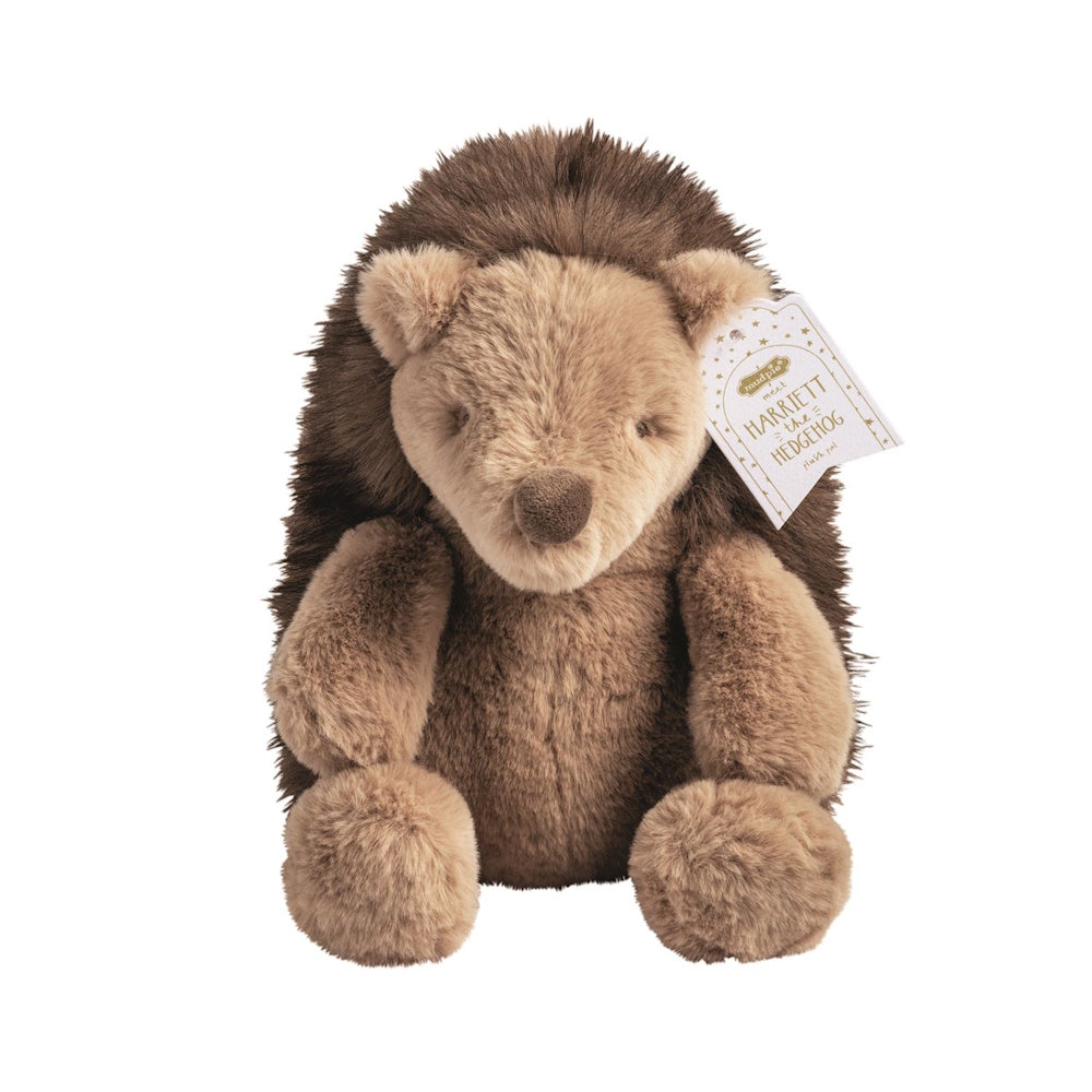 Plush brown hedgehog toy sitting upright with soft tan fur and dark spiky backing.