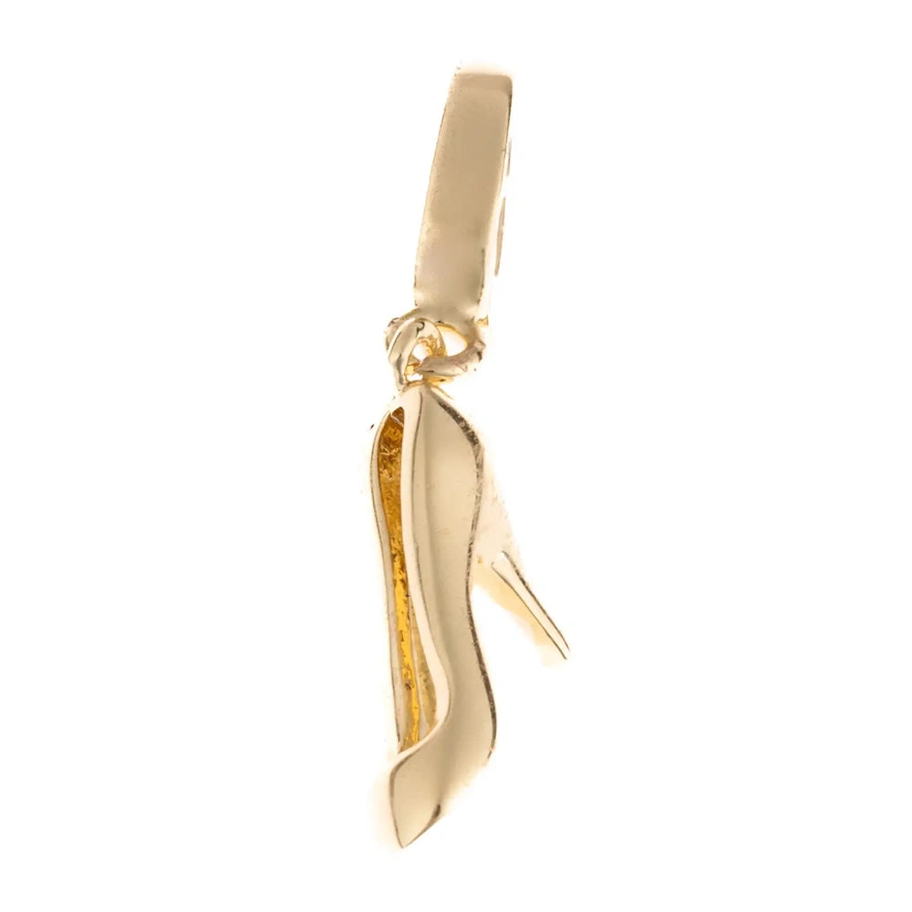 Gold high heel pump shoe charm with a sleek, polished finish and slim stiletto heel.