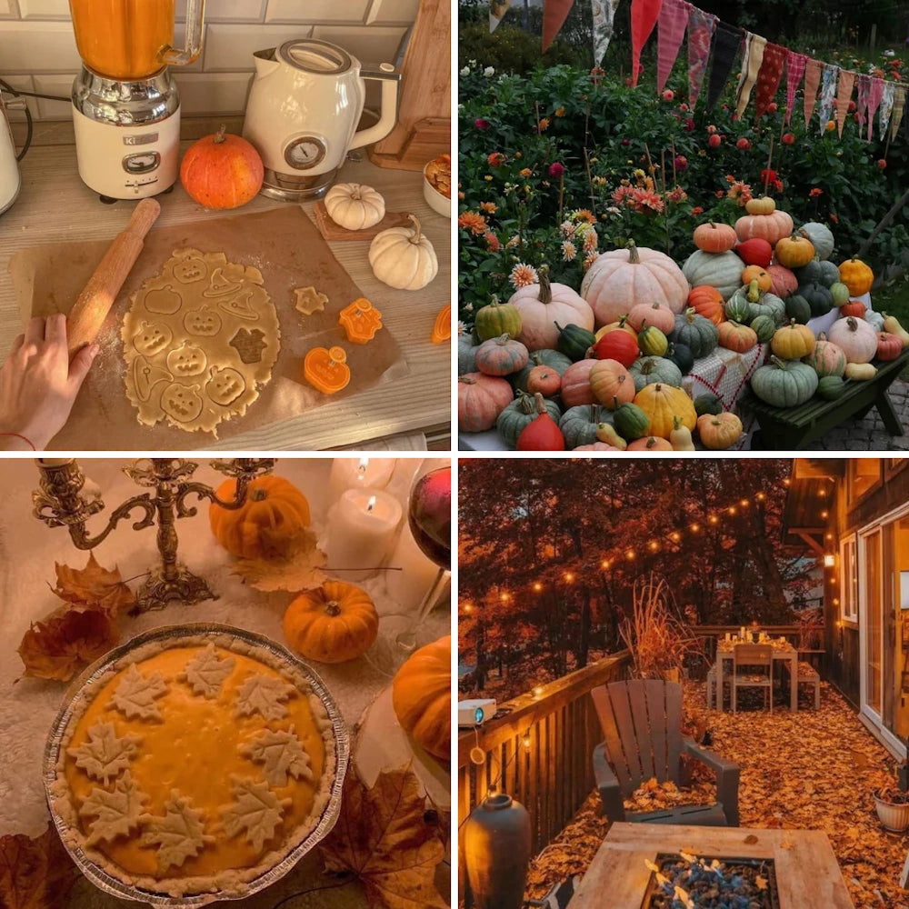 A four-panel collage celebrating autumn, featuring pumpkin baking, garden harvests, and cozy outdoor string lights.
