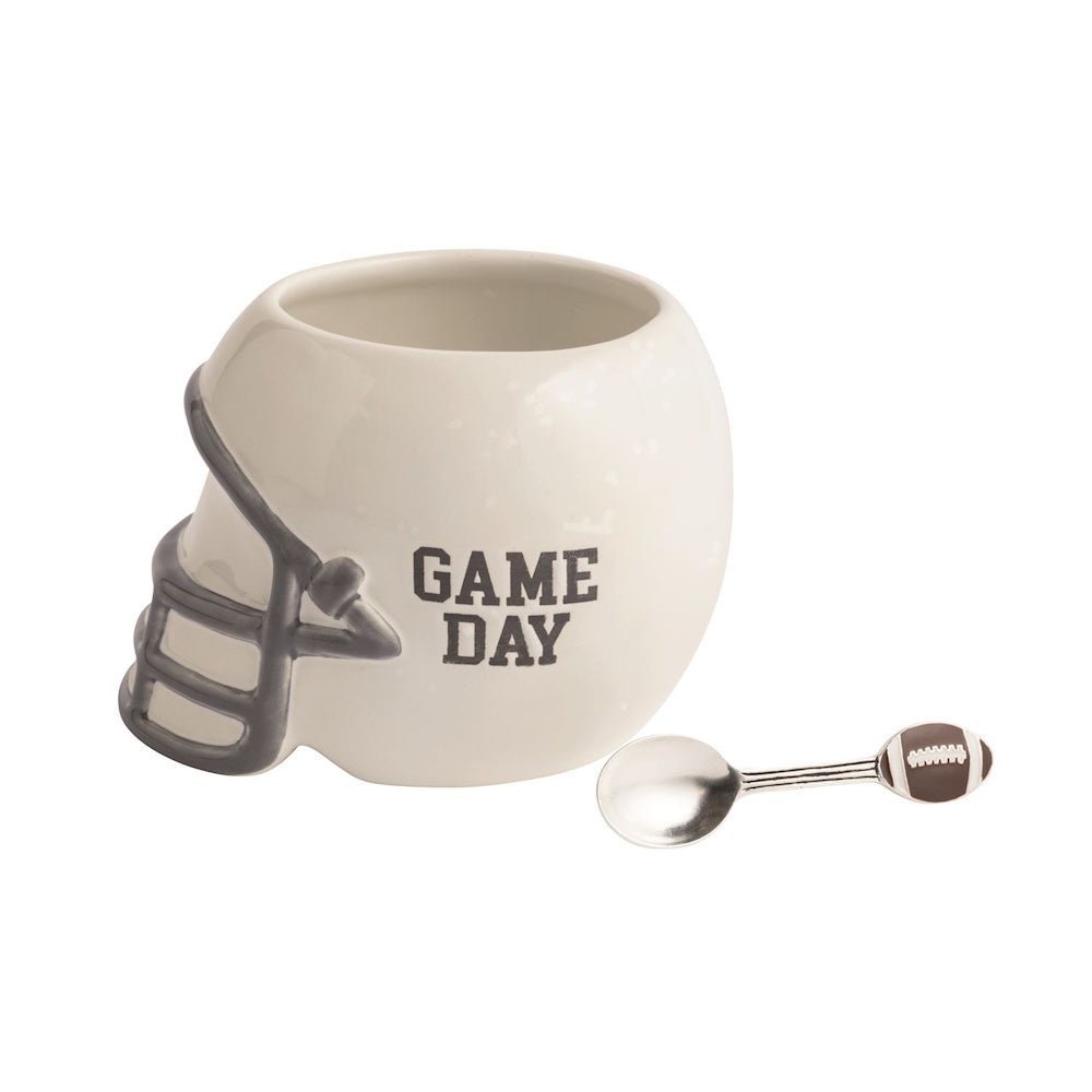 White football helmet ceramic dip bowl with GAME DAY text and a silver football spoon.