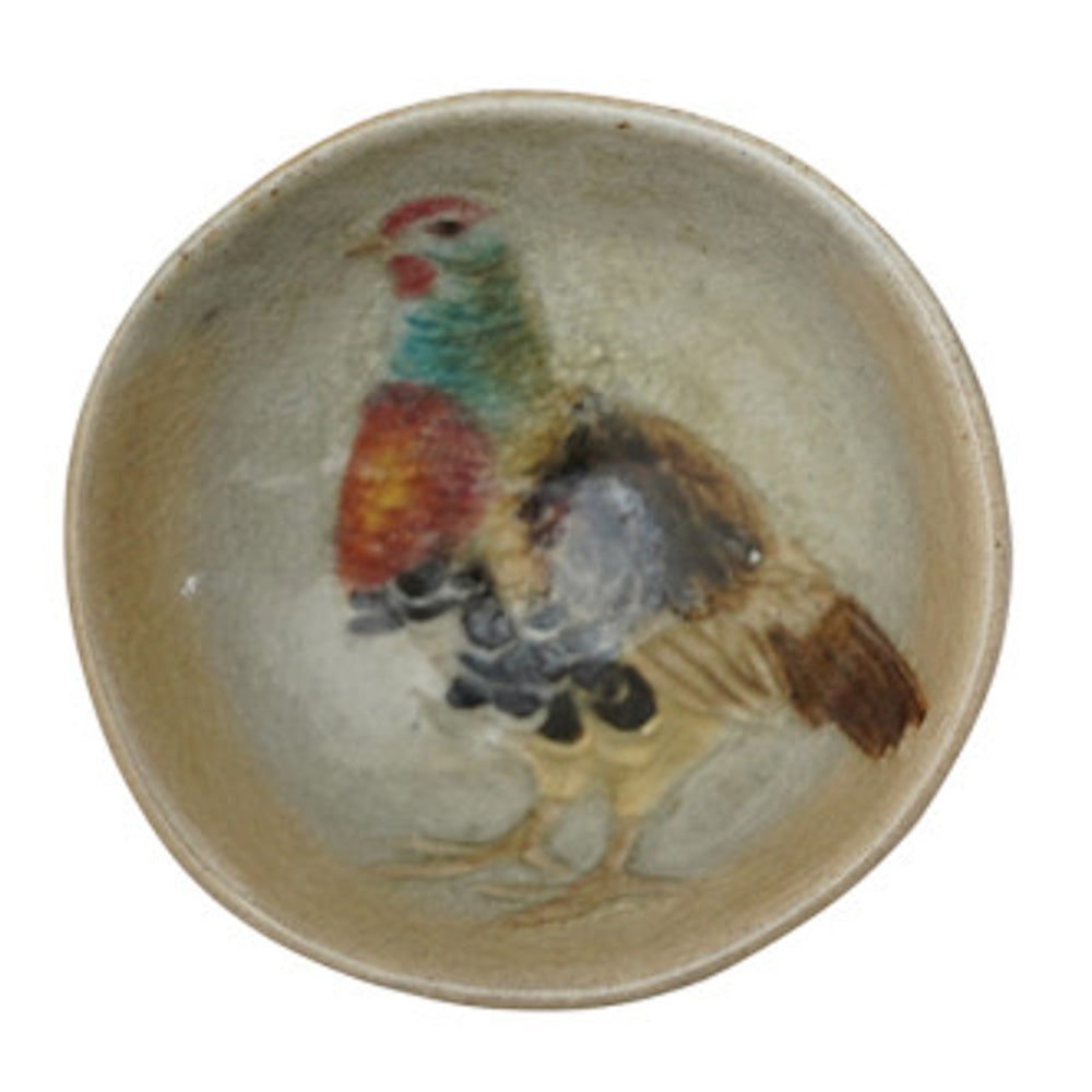 Hand-painted stoneware dish featuring a colorful hen illustration.