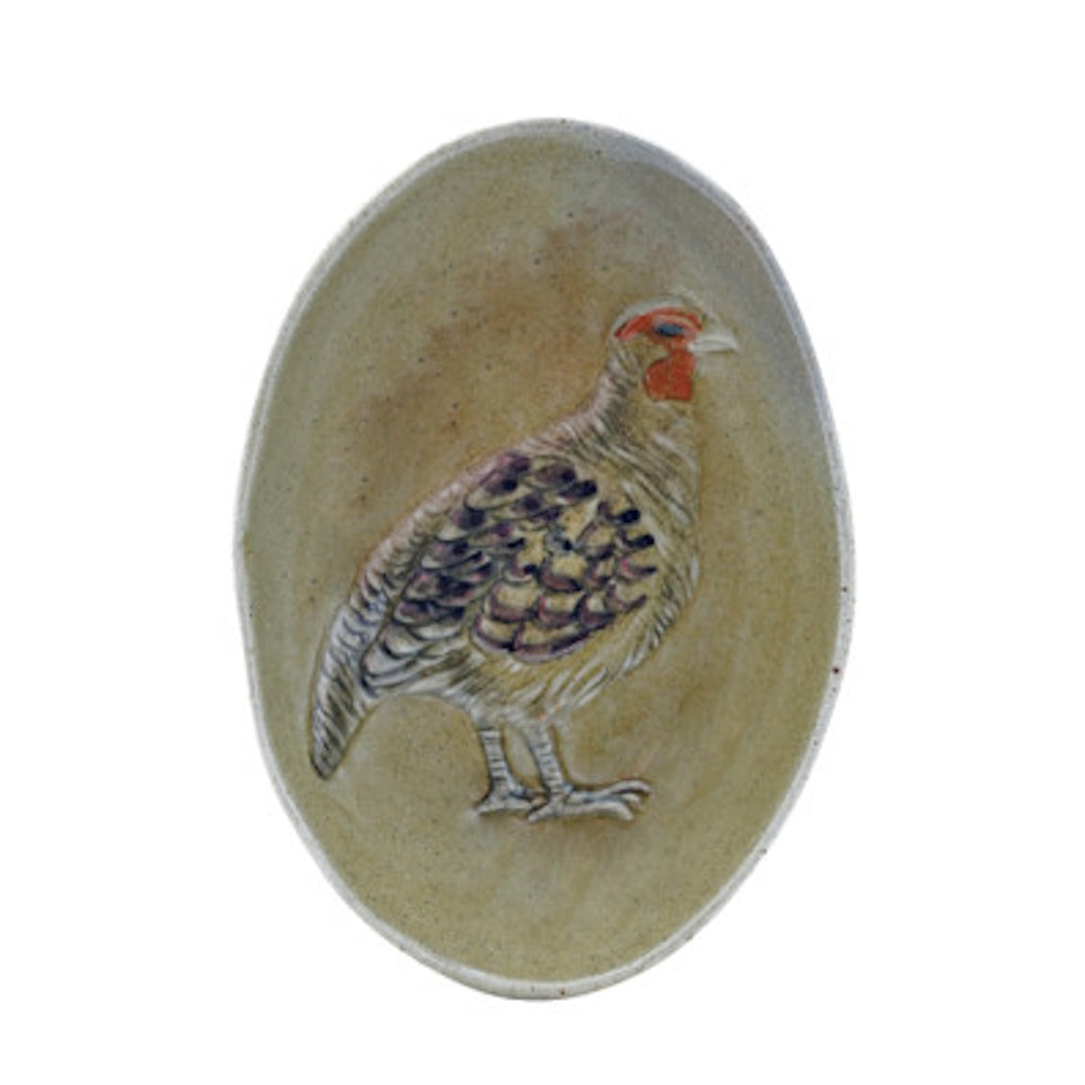 Hand-painted oval stoneware plate featuring a detailed hen illustration.