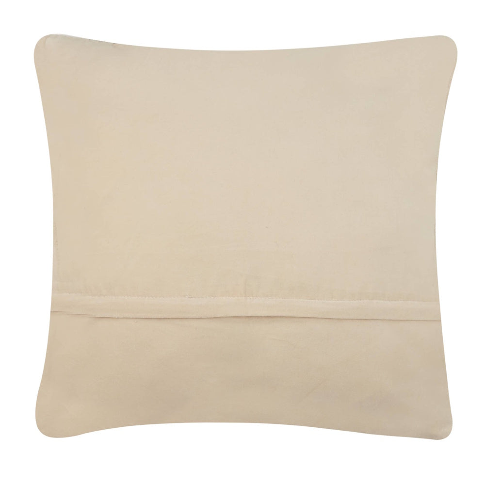 Cream-colored velvet throw pillow back with a hidden horizontal zipper closure.