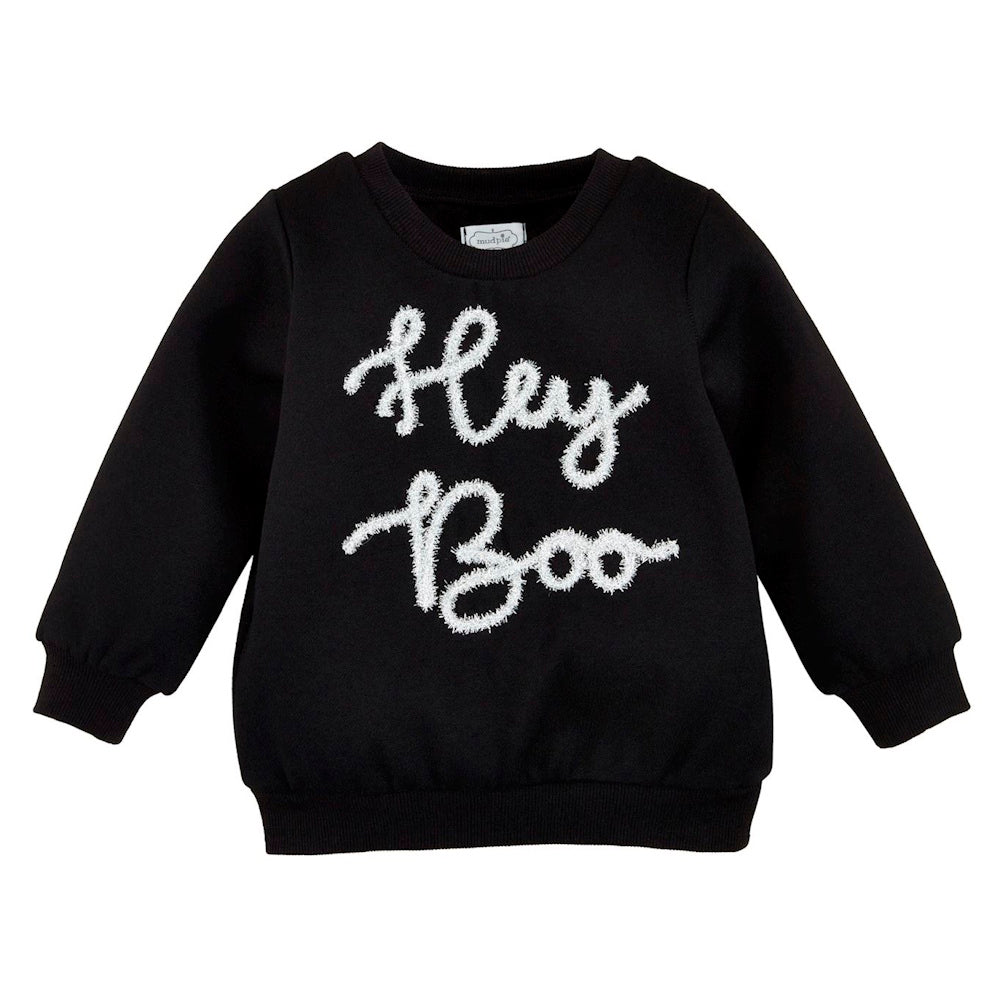 Black toddler sweatshirt featuring textured white chenille cursive script that reads "Hey Boo."