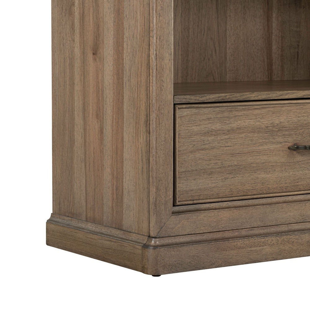 Hickory Grove wooden display cabinet base featuring a light brown oak finish drawer with a metal pull handle.