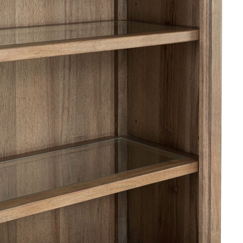 Close-up of a rustic wooden display cabinet featuring glass shelves and natural grain details.