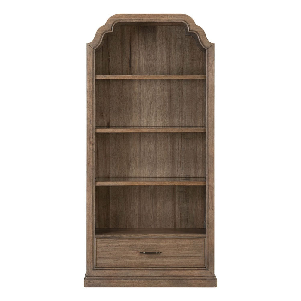 Hickory Grove wooden display cabinet with an arched top, four open shelves, and a bottom drawer.