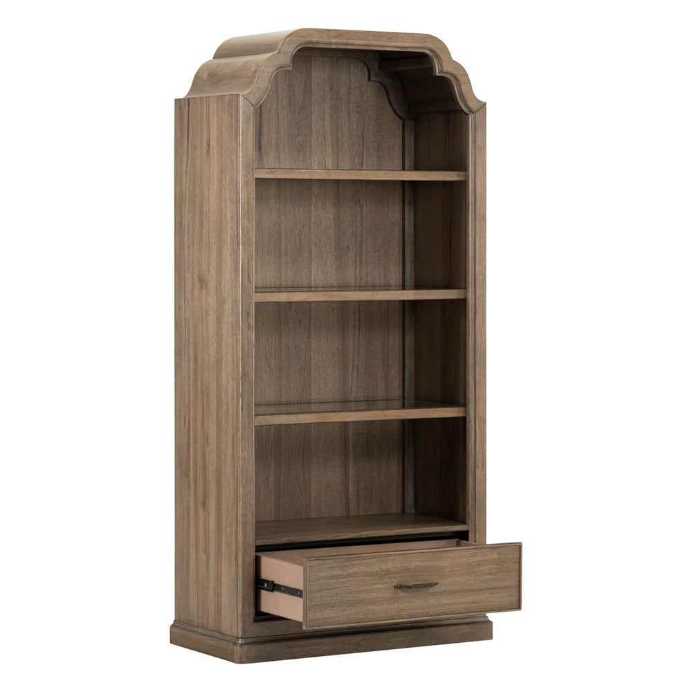 Hickory Grove arched wood display cabinet bookcase with four open shelves and a pull-out bottom drawer.