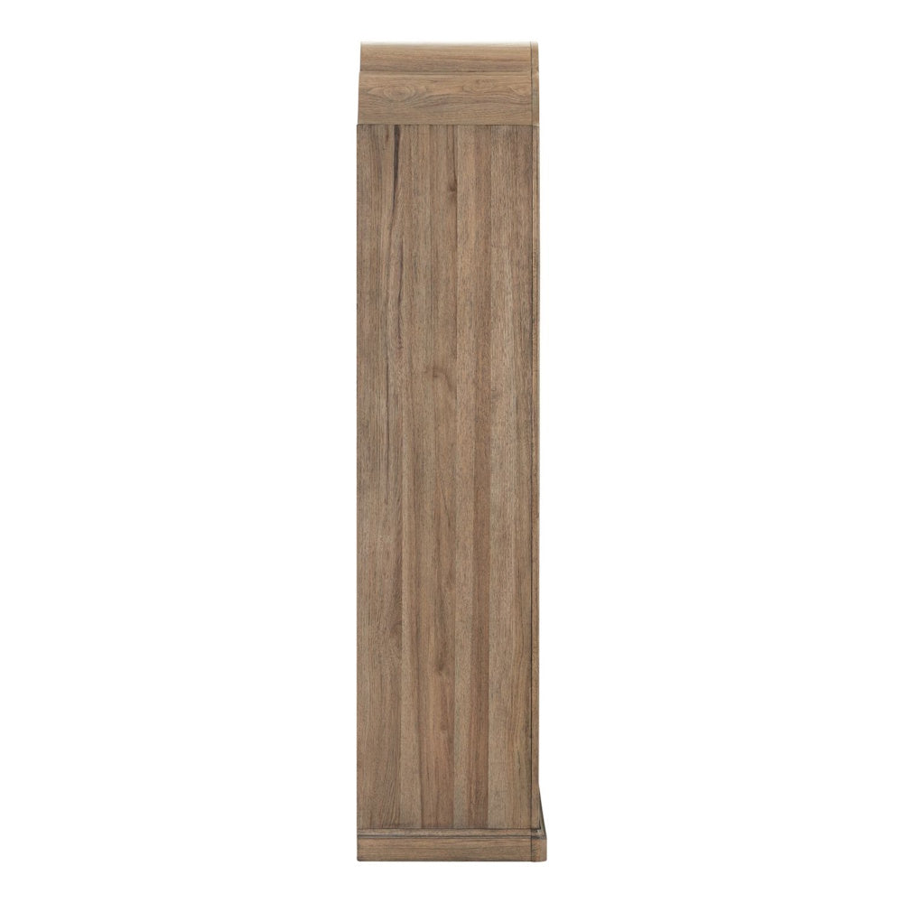 Side profile view of a tall rustic wooden display cabinet with a natural oak finish on a white background.