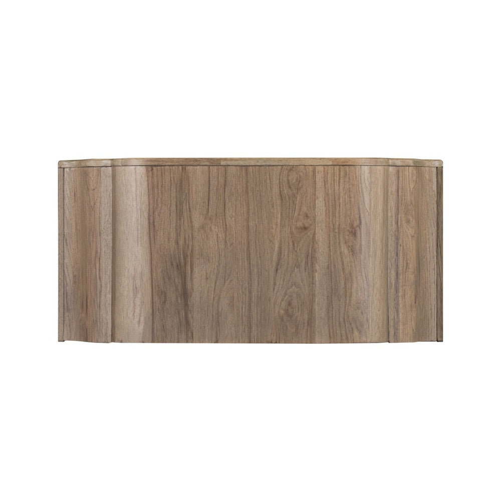 Top-down view of the smooth wood grain and curved top panel of a Hickory Grove bookcase.