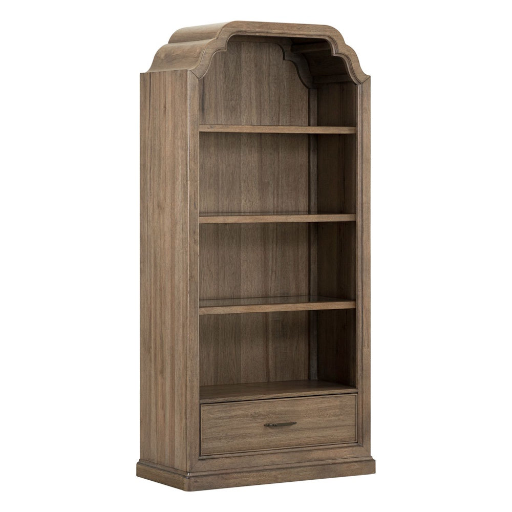 Hickory Grove arched wood bookcase with four shelves and a bottom drawer on a white background.