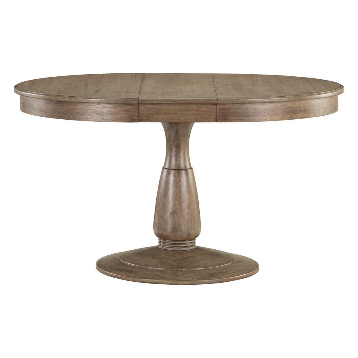 Hickory Grove round pedestal dining table in a warm brown wood finish with an extension leaf.
