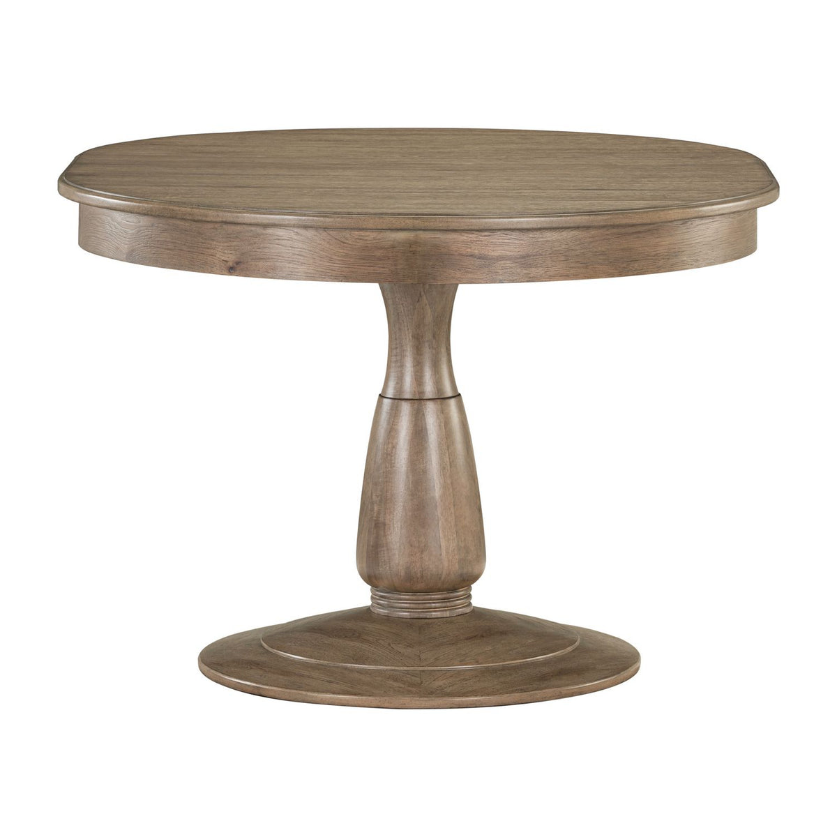Round wood pedestal dining table with a smooth brown finish, isolated on a clean white background.