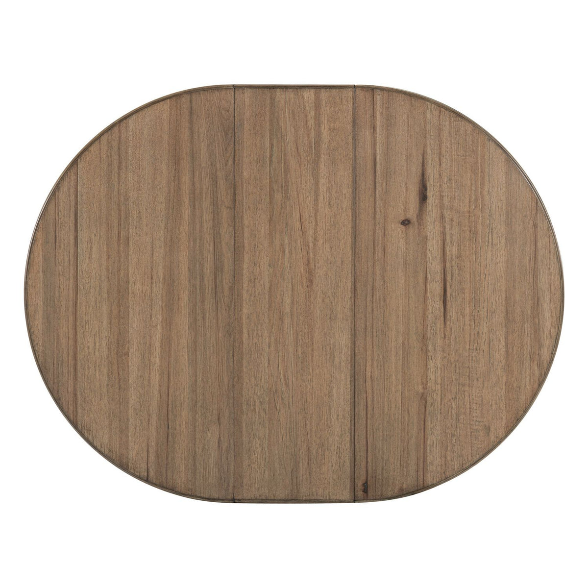 Top view of an extended Hickory Grove oval wooden dining table featuring a natural brown wood grain.