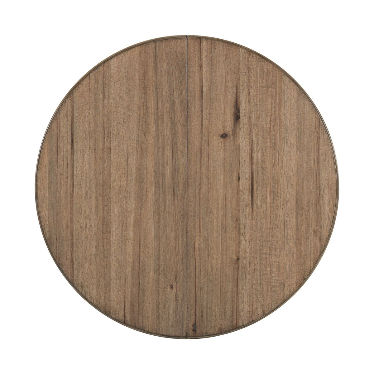 Top view of a round Hickory Grove pedestal wooden dining table with natural brown grain patterns.
