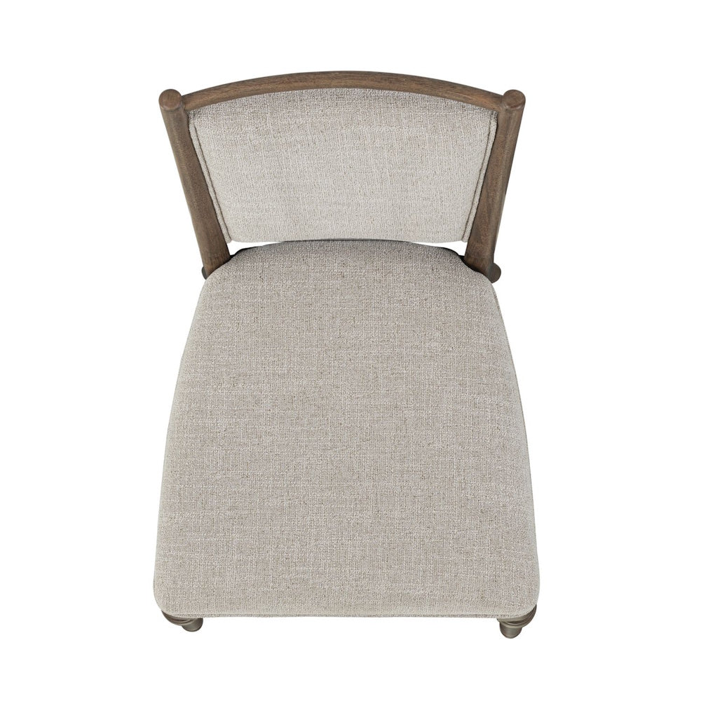 Top view of an upholstered dining chair with beige fabric and a wooden frame.