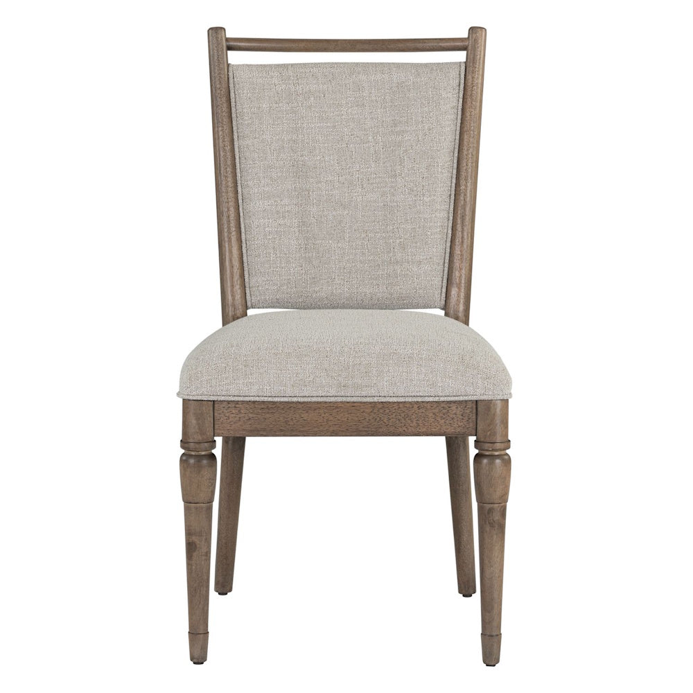 Upholstered dining chair with a light beige fabric seat and backrest, featuring a warm brown wooden frame.