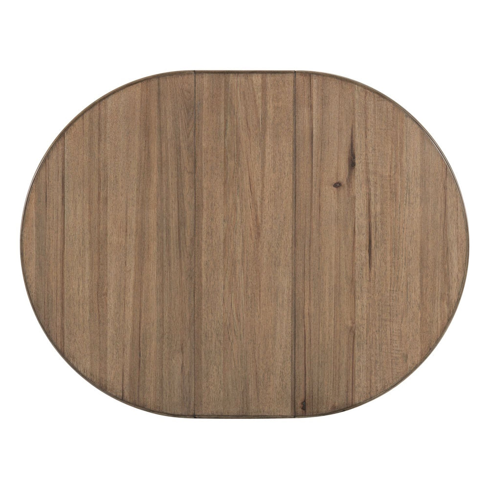 Top-down view of Hickory Grove extended oval wooden dining table with center leaf insert and natural grain.