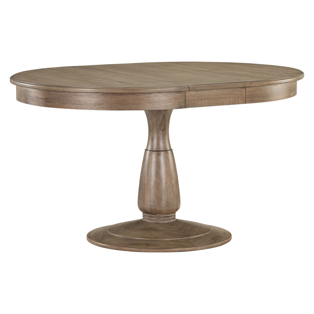 Oval extendable wood pedestal dining table in a natural hickory brown finish on a white background.