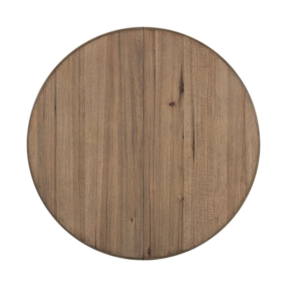 Top-down view of Hickory Grove round wooden dining table with a natural grain finish and central seam line.