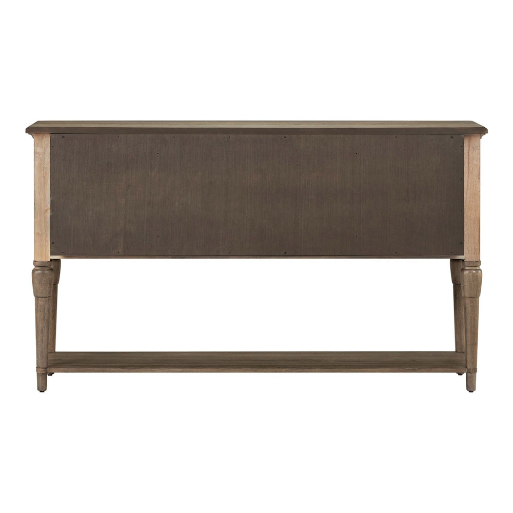 Rear view of a rustic wood Hickory Grove sideboard table featuring turned legs and a lower display shelf.