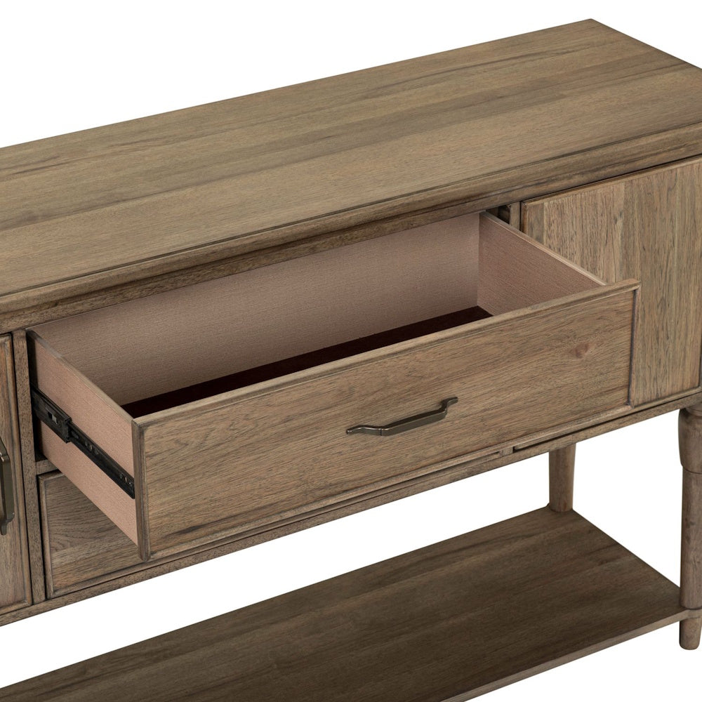 Hickory wood sideboard console table featuring an open drawer with a metal handle and a lower shelf.