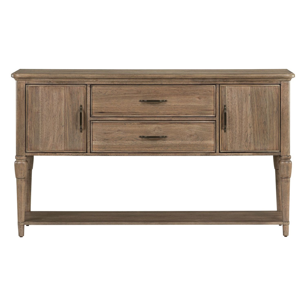 Hickory Grove rustic wood sideboard buffet with two drawers, two side cabinets, and a lower shelf.