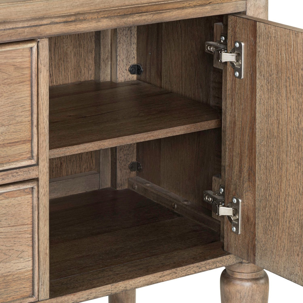 Open cabinet storage of the Hickory Grove wood sideboard showing interior shelves and hinges.