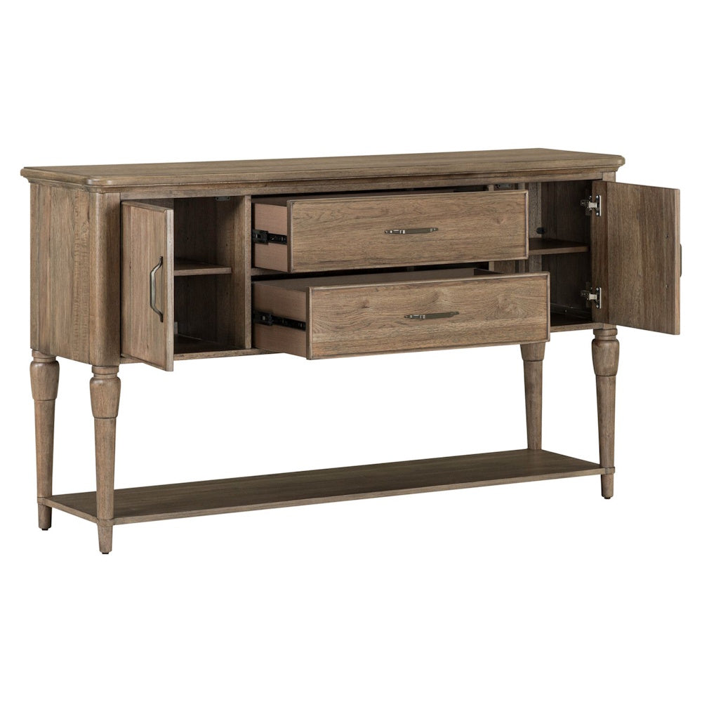 Rustic wooden sideboard console table with open drawers and open side cabinets showcasing storage shelves.