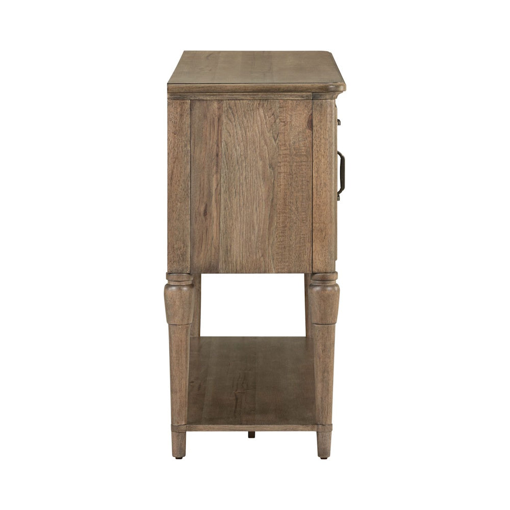 Side view of a rustic wooden buffet sideboard with a bottom display shelf and turned legs.