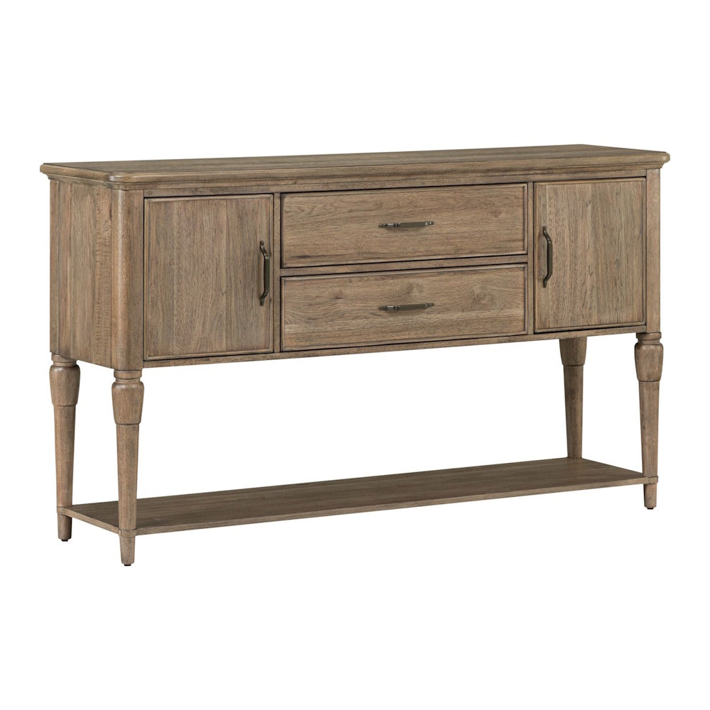 Rustic wooden sideboard console table with two central drawers, two side cabinets, and a bottom shelf.