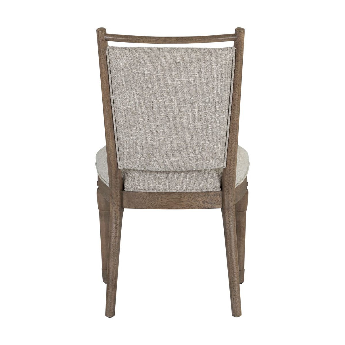 Hickory Grove upholstered dining chair featuring a light gray fabric backrest and a natural brown wooden frame.