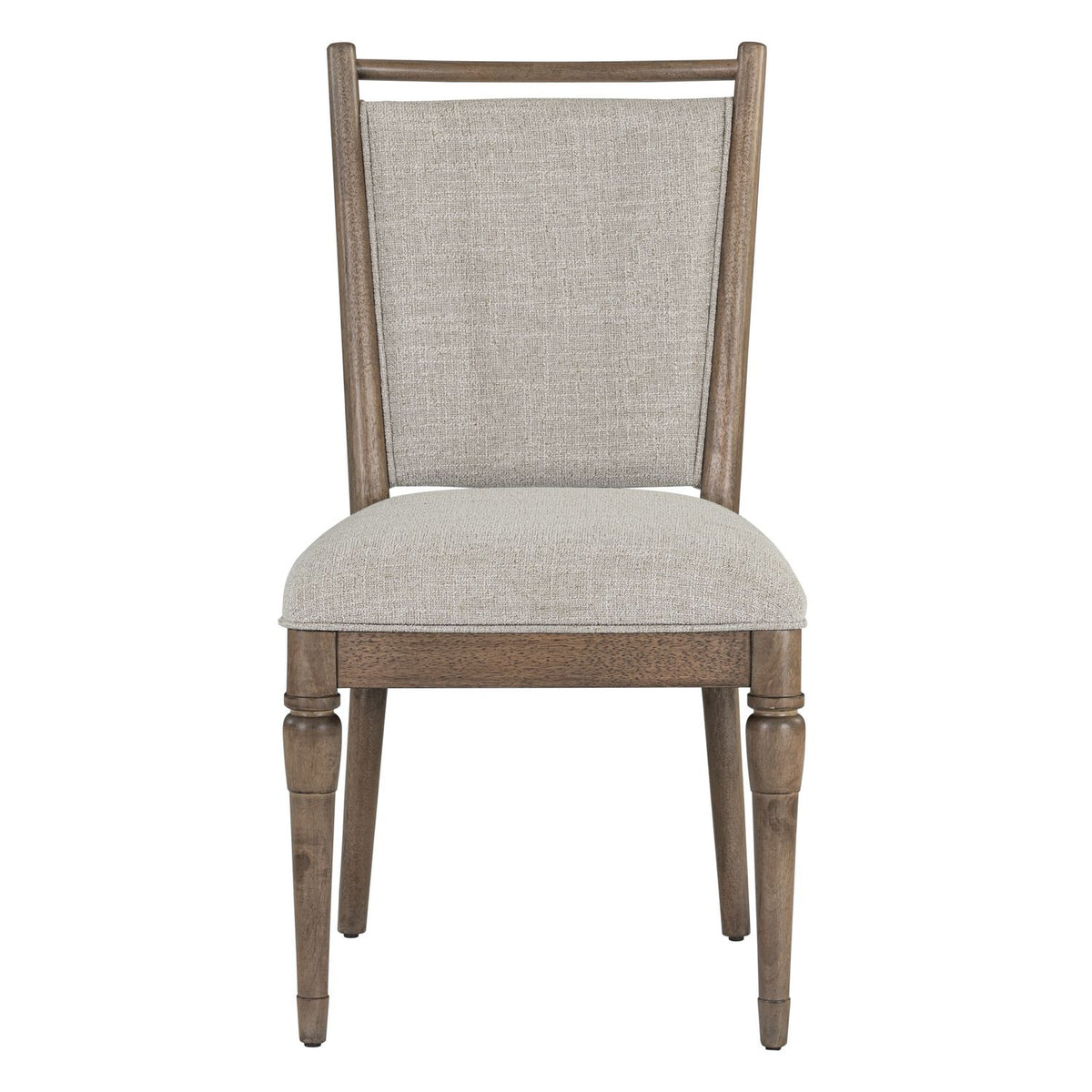 Front view of Hickory Grove upholstered dining chair with beige fabric and turned wooden legs.