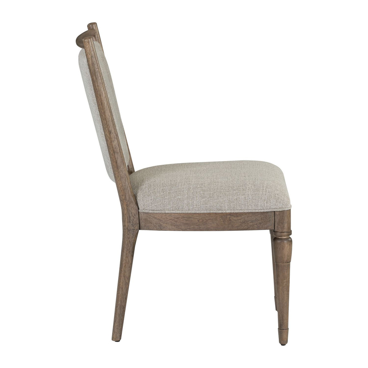 Side view of a Hickory Grove upholstered dining chair with beige fabric cushions and a wooden frame.