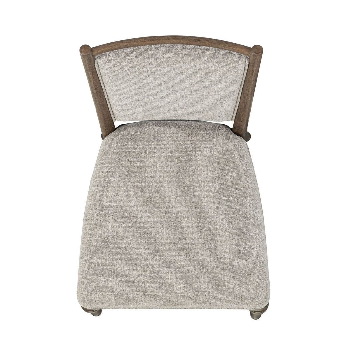 Top view of an upholstered dining chair with textured beige fabric seat and a curved wooden backrest.