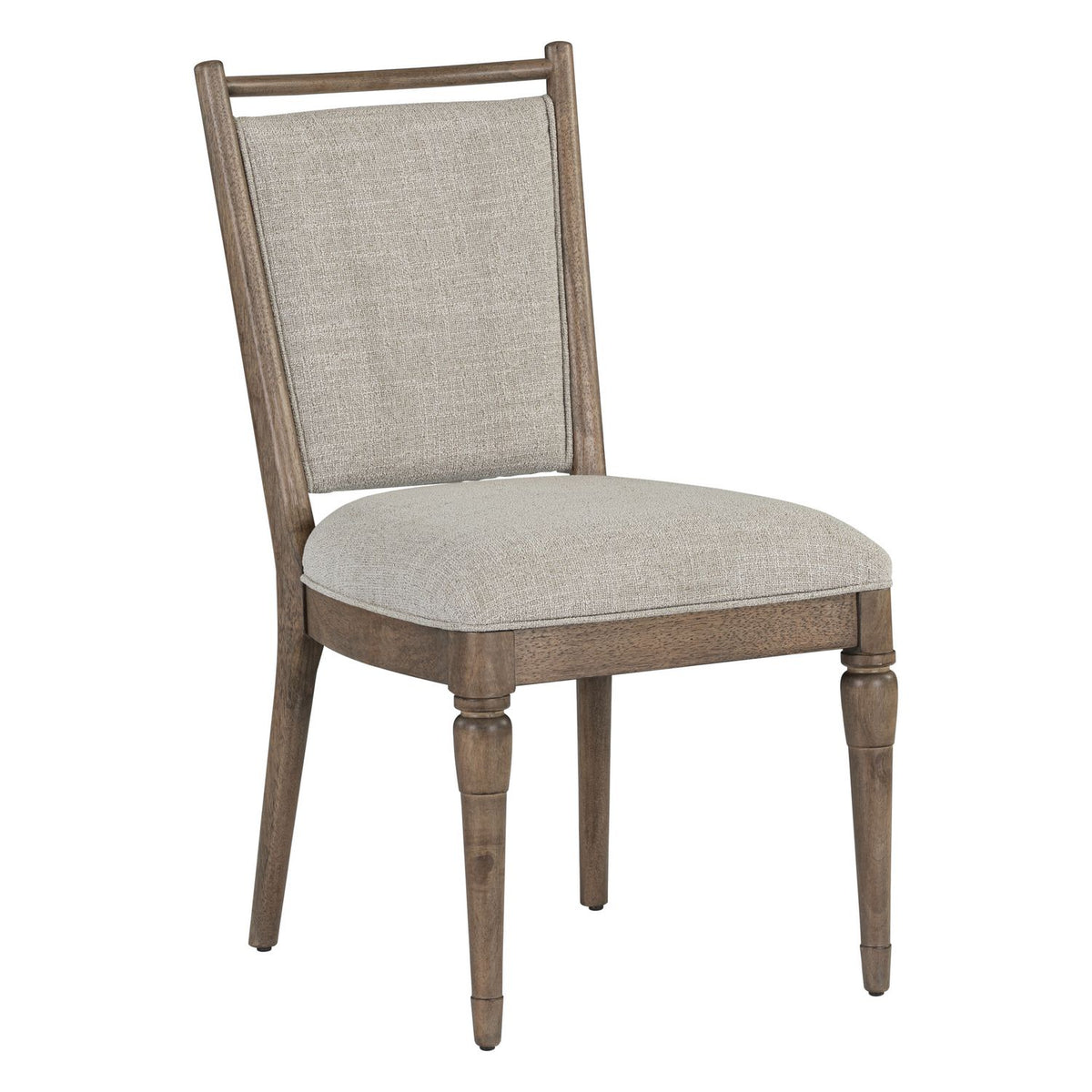 Hickory Grove upholstered dining chair with a light beige fabric seat and backrest and a brown wooden frame.