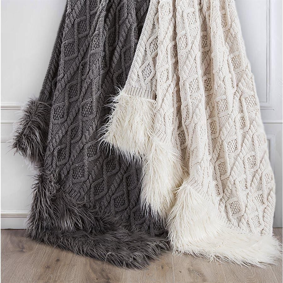 White Nordic Cable Knit & Mongolian Fur Throw Blanket — alternate view 2
