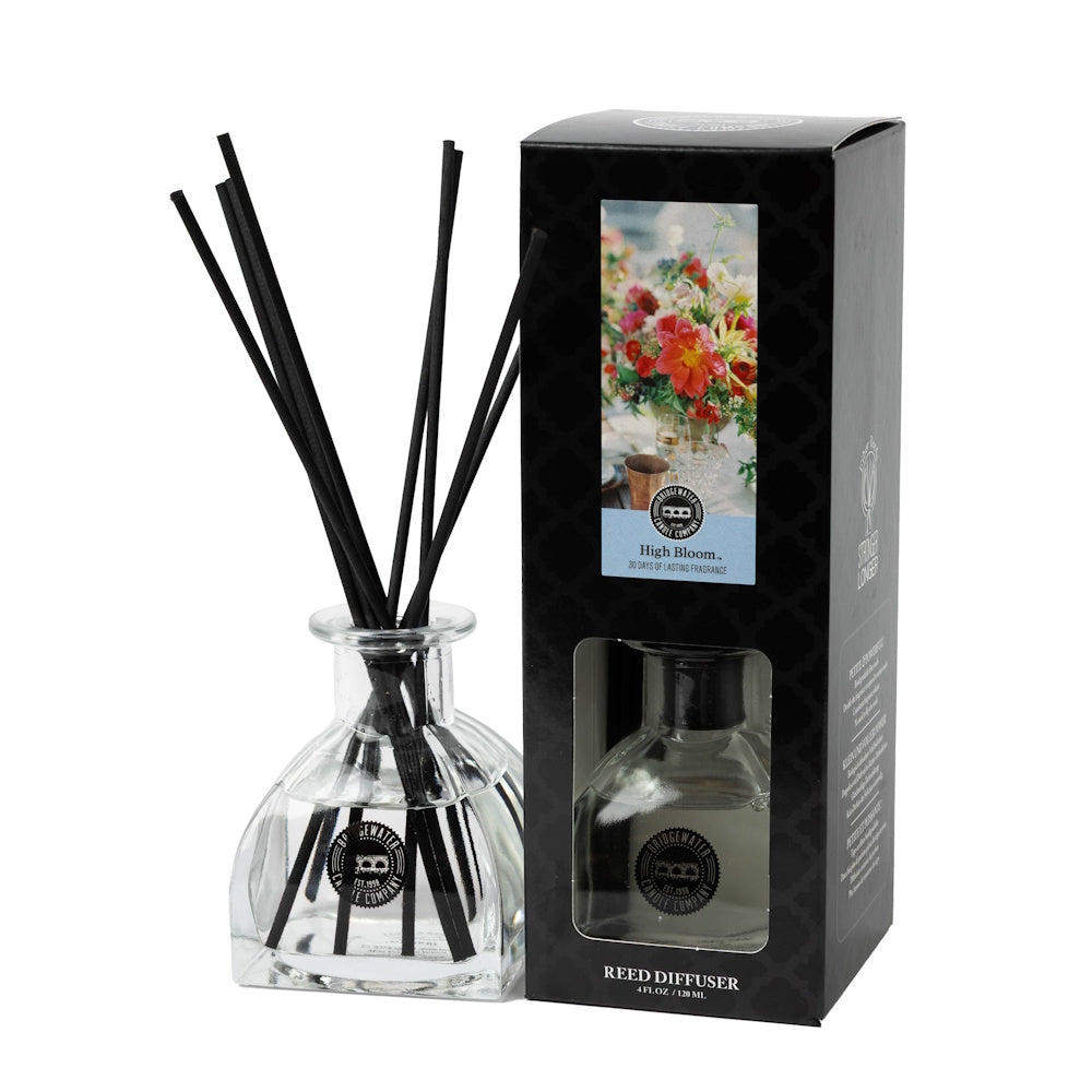 Bridgewater Candle Company High Bloom Reed Diffuser with black reeds and floral box packaging.