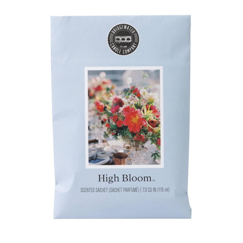 Bridgewater Candle Company High Bloom scented sachet featuring a floral bouquet on a light blue envelope.