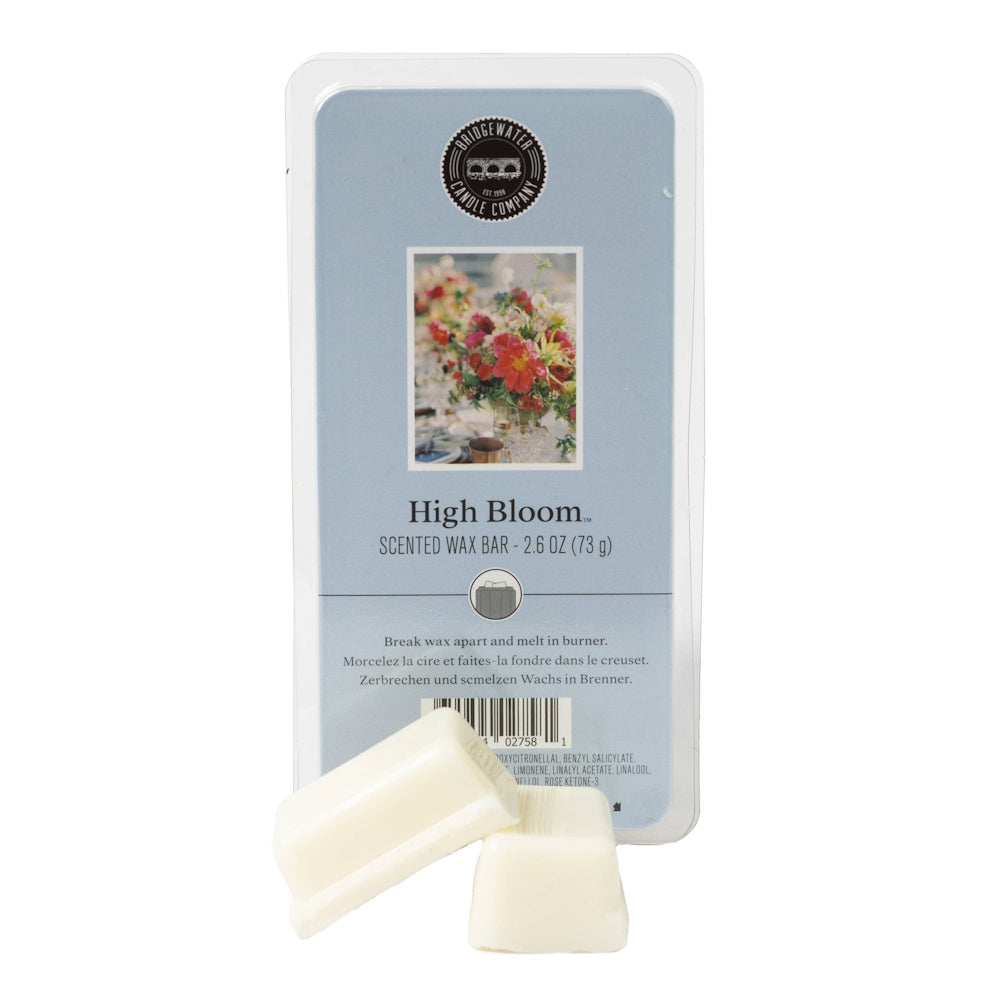 Bridgewater Candle Company High Bloom scented wax bar package with two white wax melt cubes in front.