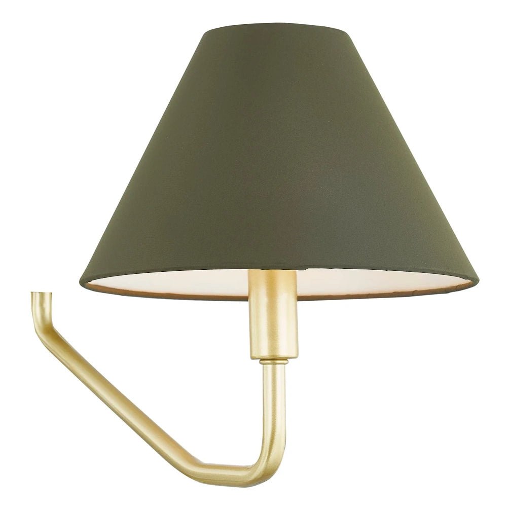 Modern gold wall sconce featuring a matte black tapered fabric shade for elegant bedroom or hallway lighting.