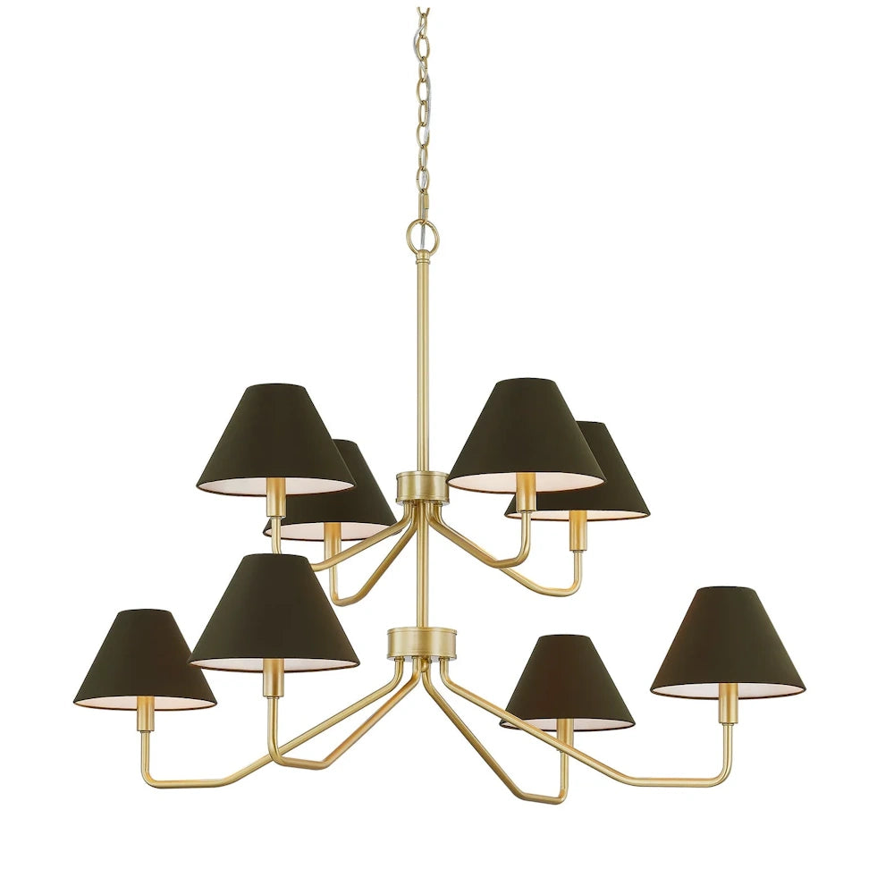 Modern 2-tier gold brass chandelier with 8 black tapered fabric lampshades, elegant lighting for dining rooms.