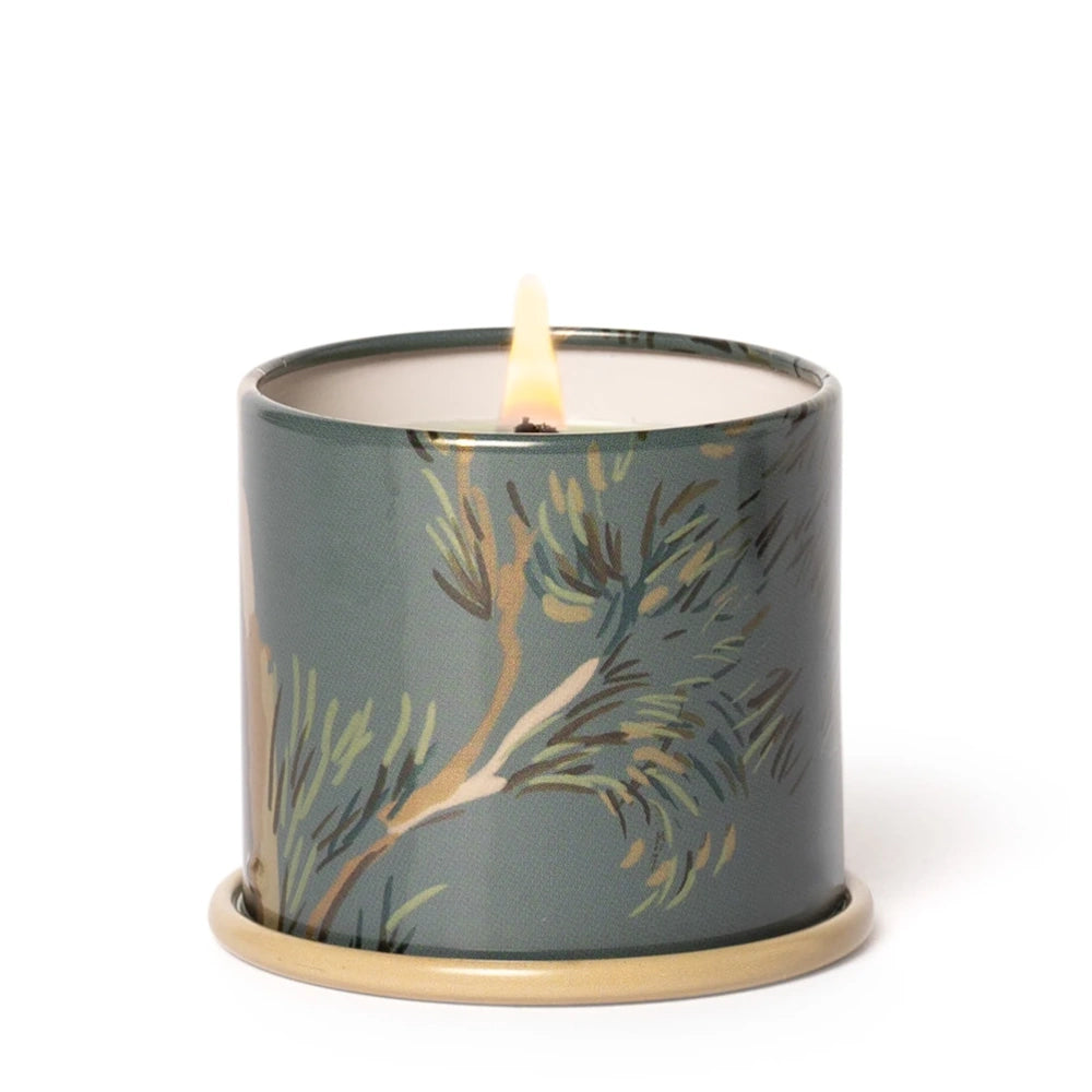 Lit candle burning inside a green tin decorated with a pine branch pattern, resting on a beige base.