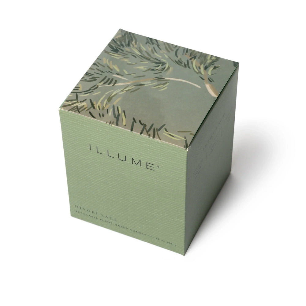 Sage green square packaging box for an Illume Hinoki Sage candle, featuring a botanical illustrated lid.