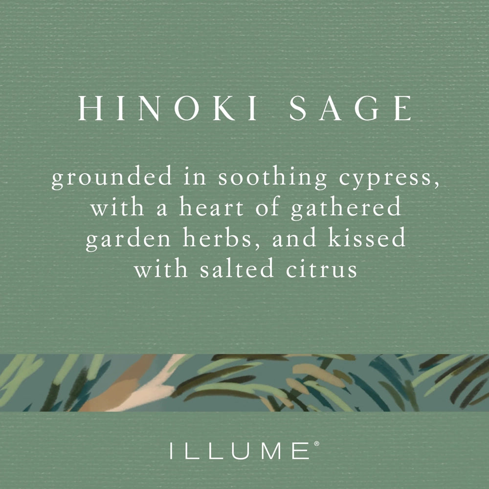 Sage green textured background featuring fragrance description text for Illume's Hinoki Sage.