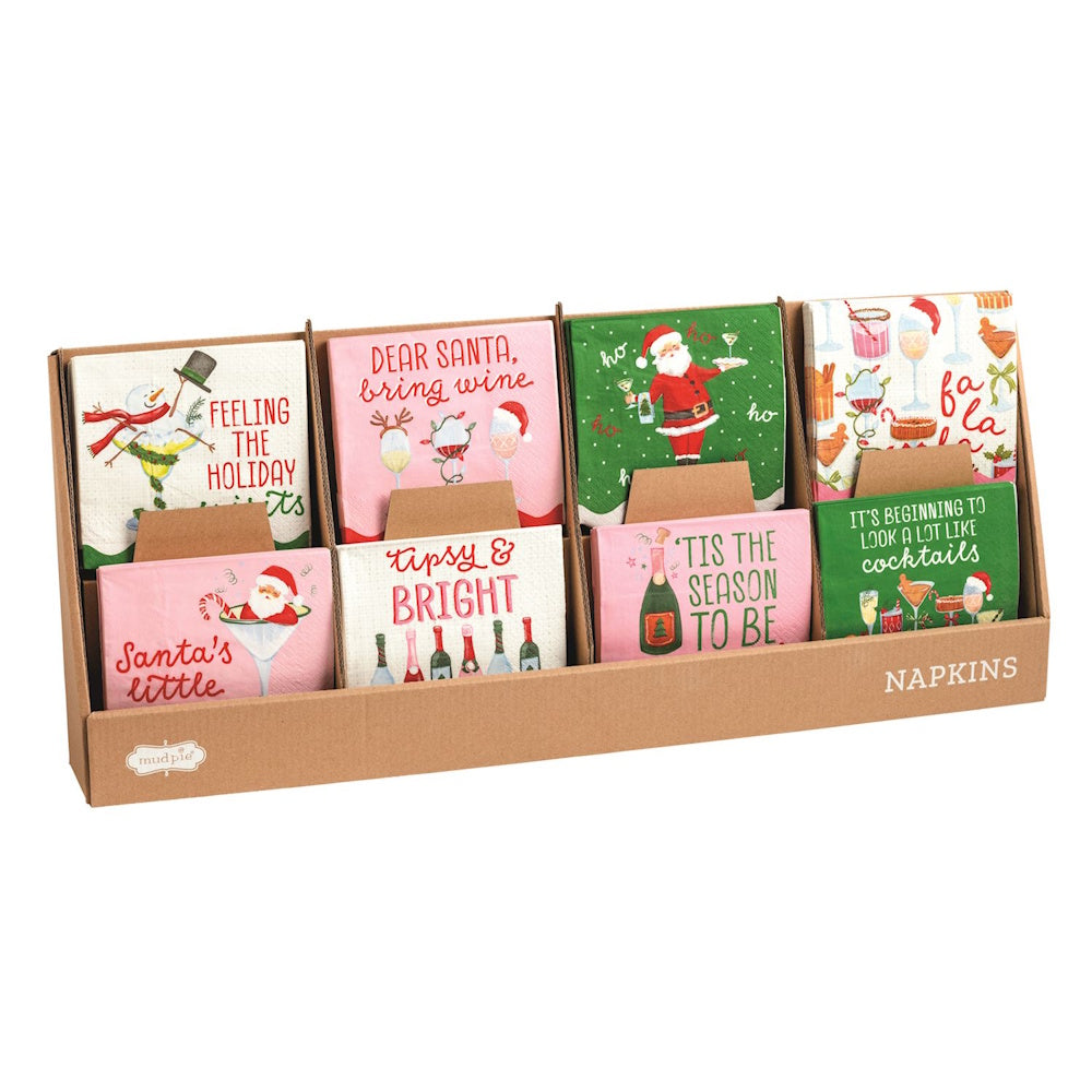Cardboard store display filled with eight designs of holiday-themed cocktail napkins.