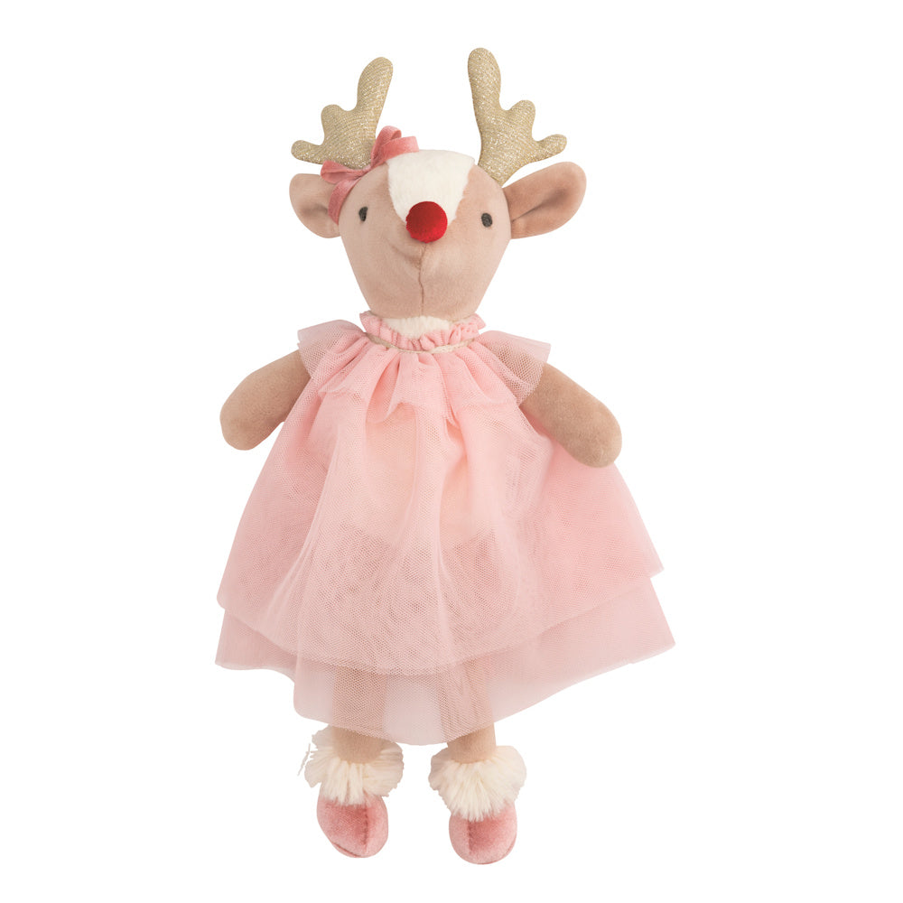 Plush reindeer toy wearing a pink tulle tutu, glittery antlers, and a red nose.