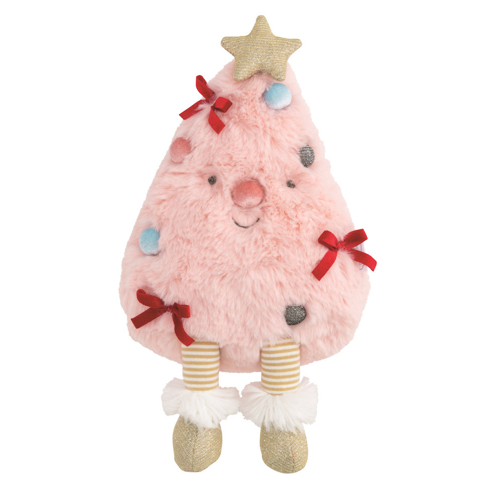 Plush pink Christmas tree toy with red bows, a gold star, and striped legs with pom-pom boots on a white background.