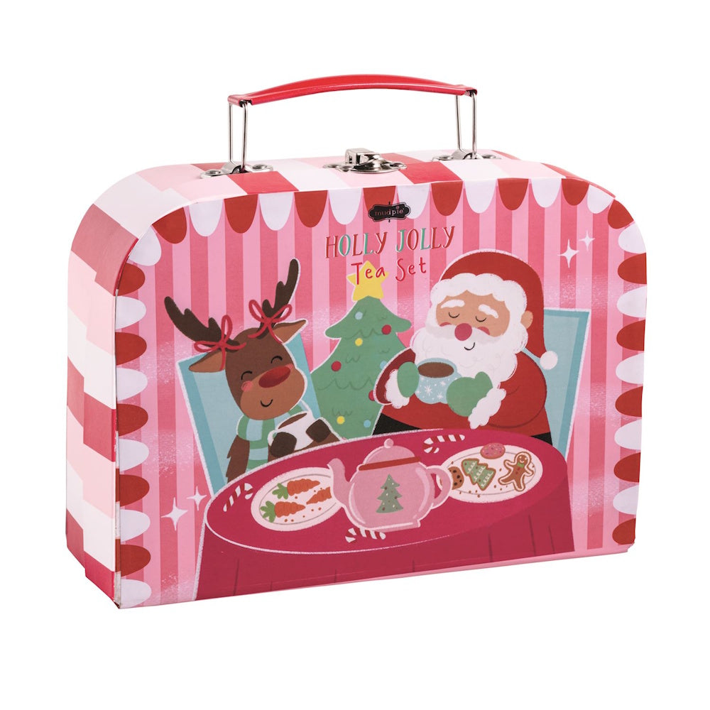 Pink striped "Holly Jolly Tea Set" suitcase featuring Santa Claus and a reindeer having tea.