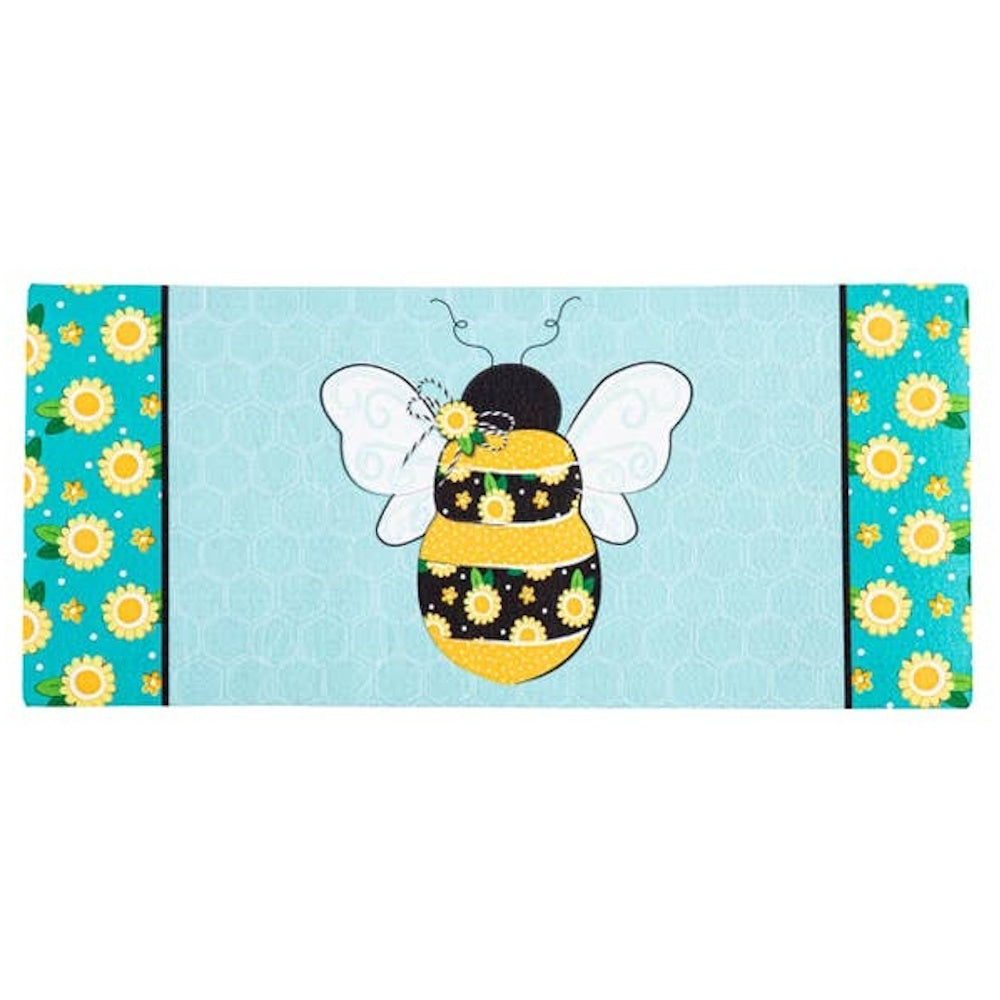 A bumblebee with sunflower stripes centered on a light blue honeycomb background, flanked by teal floral borders.